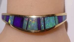 1960-2022 Zuni Thane Deleon 14K Gold Bracelet Cuff Fire Opal Charoite Inlaid. Fixed Price $7500.00.