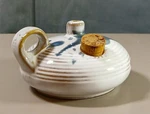Vtg Pottery Oil Lamp W/handle & Cork "nce" 1991 Made In Taiwan White W/blue Drip. Fixed Price $19.95.