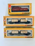 Vintage Cox Ho Scale Electric Trains (lot Of 3) Flat Car W/ Lumber X2 & Fire. Fixed Price $55.00.